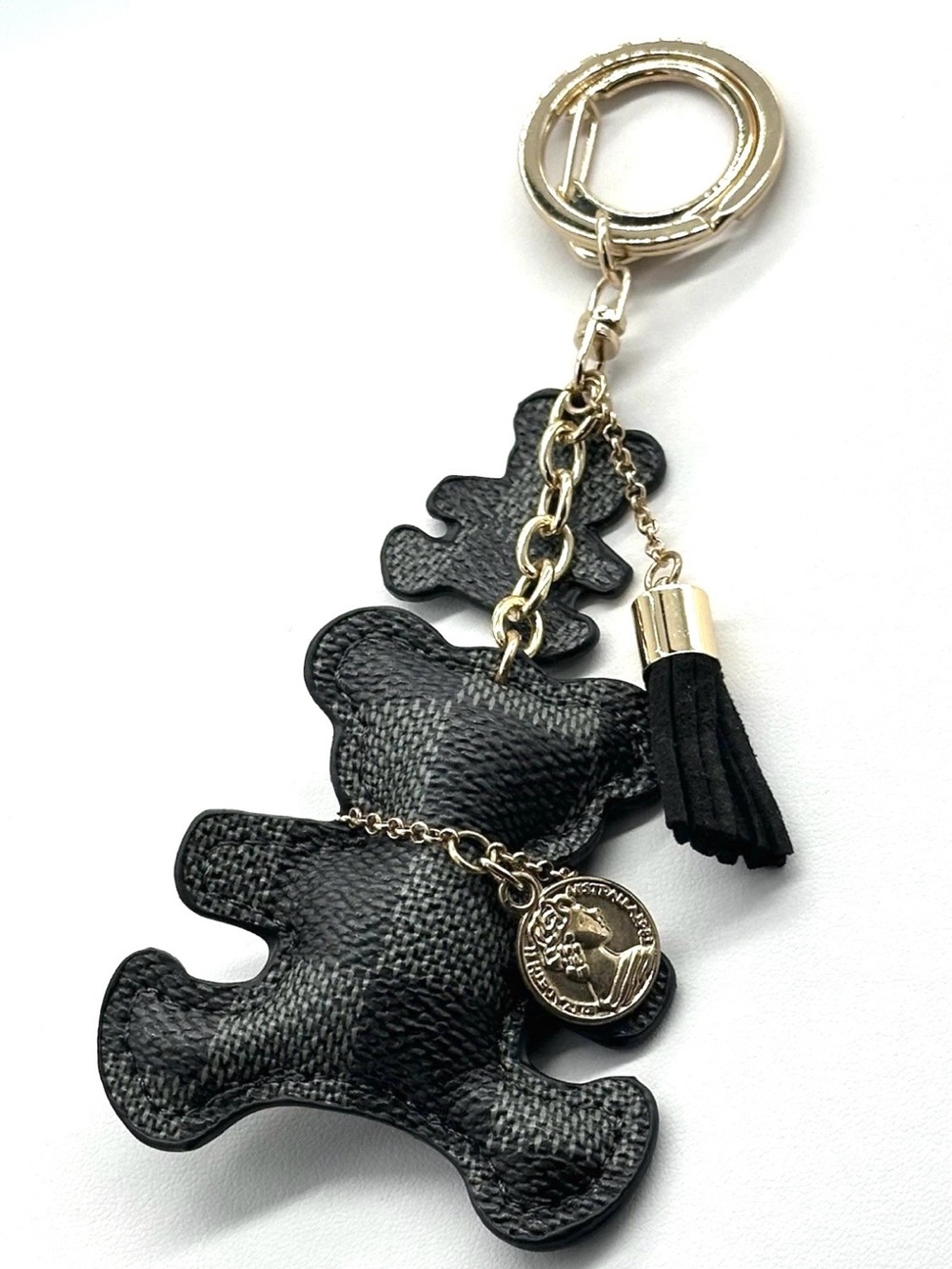 Black Plaid Teddy Bear Keychain & Bag Charm with Gold Accents